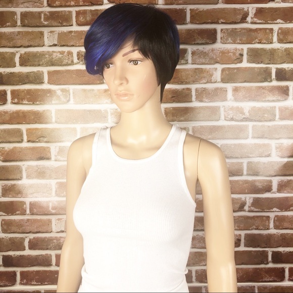 Synthetic Short 2 Toned Blue Black Women’s Wig - Picture 6 of 7
